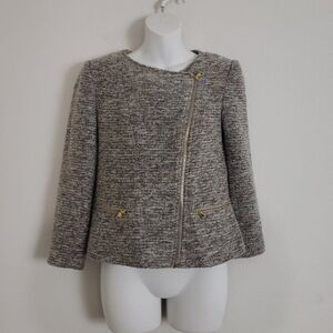 Ann Taylor Tweed Jacket Asymmetrical Zipper 2P Gray Business Office Corporate